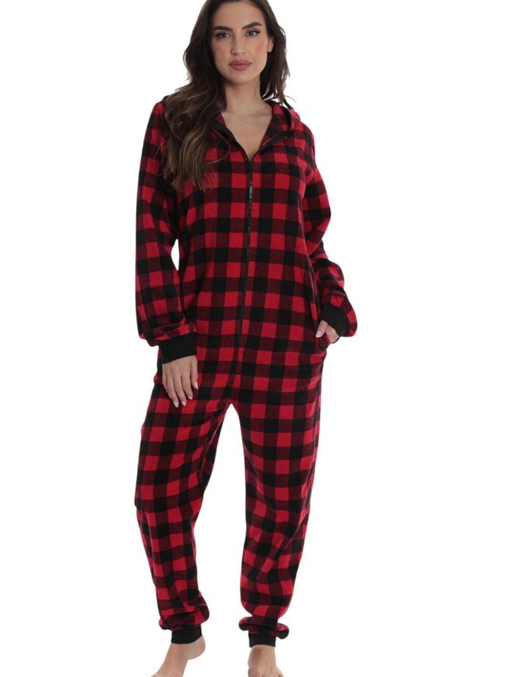 NWT #followme Onepiece Pajama with Zip and Pockets Buffalo Plaid Red Black M